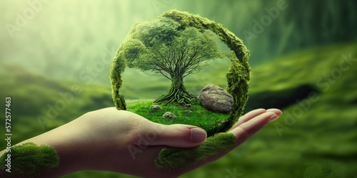 grüne Hand hält Kugel mit Baum, Naturschutz, generative AI