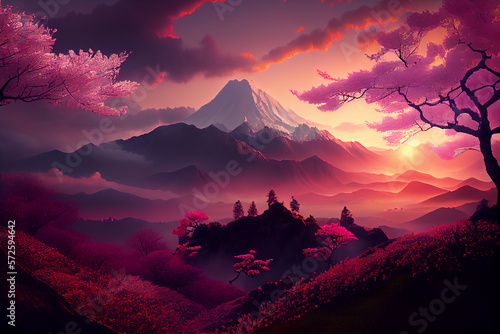Japan, sakura, mountains in distance, pink dawn, sun rays.