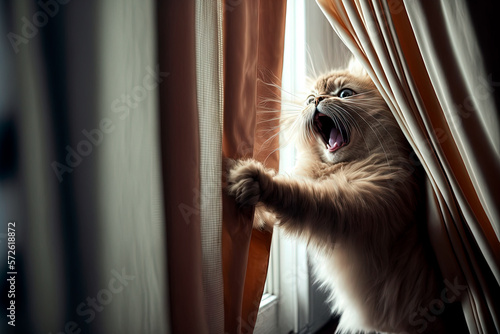 domestic cat playing with the curtains at home, climbing and destroying them, generative ai