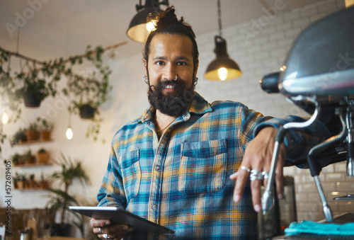 Portrait, happy or small business owner in cafe, restaurant or coffee shop with tablet standing in startup. Smile, barista man or hipster entrepreneur manager and waiter with a mindset for service