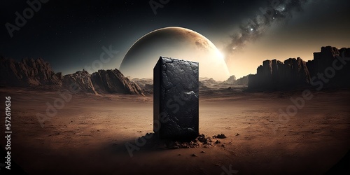 monolithe noir posé au milieu d'un paysage extra terrestre, découverte de la vie ailleurs que sur Terre - illustration ia
