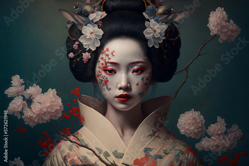 geisha with sakura flowers, portrait of a japanese woman, fictional person created with generative ai