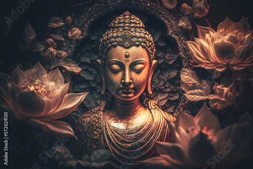 buddha statue and lotus flower. Generative AI