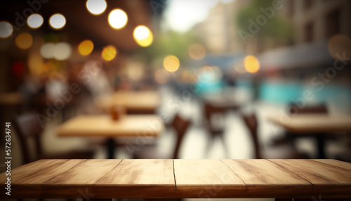 Table en bois vide, vue de dessus, avec un fond flou de terrasse de restaurant ou de bar, extérieur, dans la rue (AI)