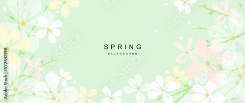 Spring abstract vector background with flowers, green branches and leaves. Art illustration for graphic and web design, presentation, wallpaper, poster, banner, card, print, packaging, beauty 