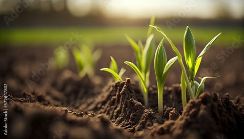 Springtime corn field with fresh, green sprouts in soft focus. In a farmed farm area, young, green corn seedling sprouts are growing. Agricultural landscape with soil based corn sprouts generative ai 