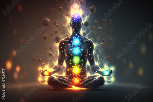 Illustration of human meditating, spirituality, astral body with light rays and chakra activation, mystical spirit