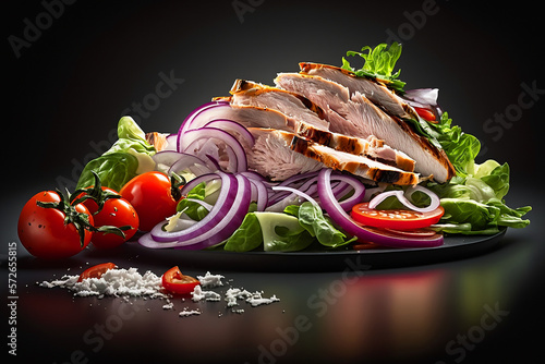 rotisserie chicken slices with salt and pepper on a bed of lettuce. Generative AI