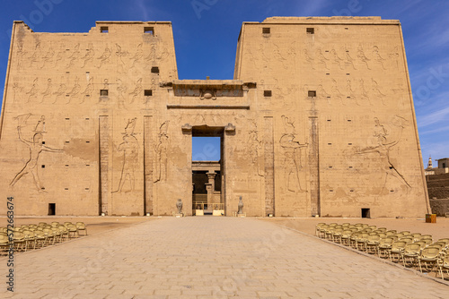 Edfu Horus Temple Walls Decorated with Reliefs of Ancient Egyptian Gods. Ptolemaic Temple of Horus, Edfu near Aswan, Egypt. Africa.