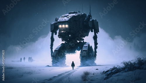 Robô usado de transporte de pessoas esperando o último tripulante embarcar em uma tempestade de neve a noite - AI Generated