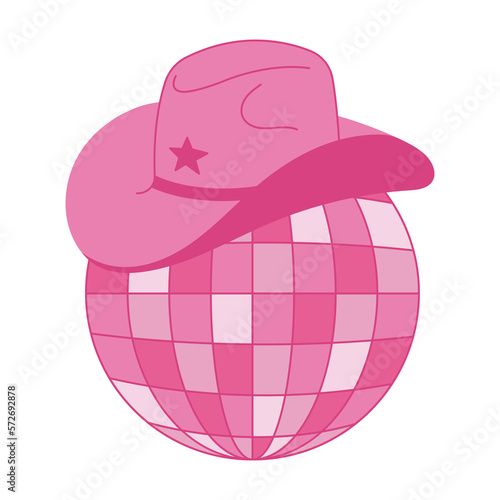 Vector pink disco ball with cowboy hat. Cowgirl illustration, disco retro party