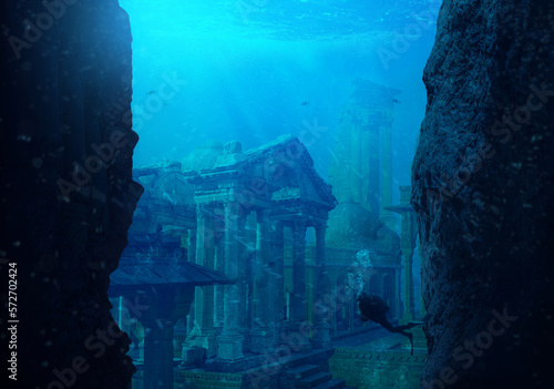 A scuba diver discovers the lost city of Atlantis conceptual theme.