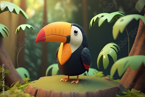 Cute Cartoon Colorful Toucan in the Jungle (Created with Generative AI)