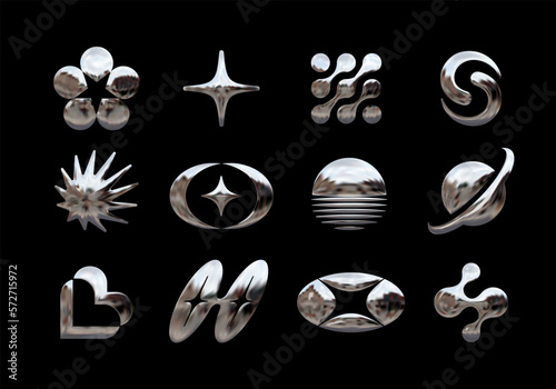 Set of chrome elements for design in Y2K style. Vector abstract shapes in retro futurism aesthetics