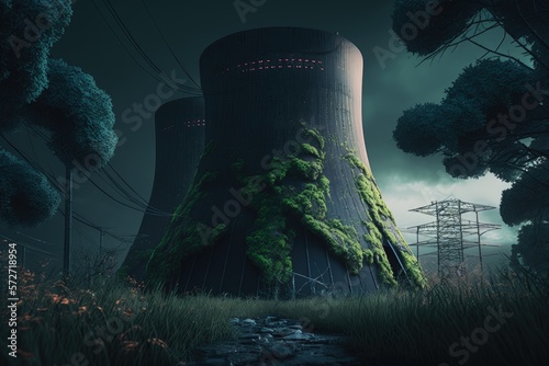 Abandoned nuclear power plant in destroyed world after apocalypse, City ​​catastrophe landscape background, Generative AI