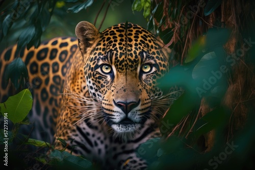 jaguar with piercing eyes in the brazilian jungle illustration design art
