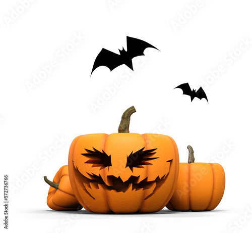 citrouille d'halloween sculptée et chauves souris - illustration 3D - fond transparent