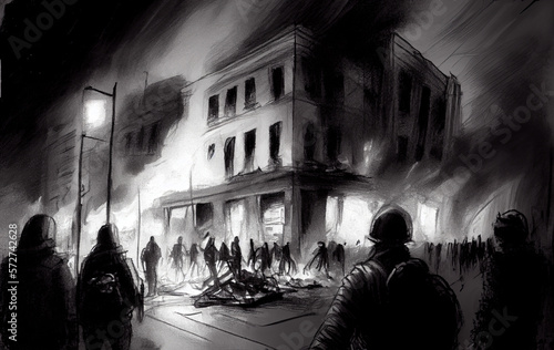 Riots on the street, pencil sketch uproar, city rampage, urban civil unrest disturbance black and white concept illustration, genereative ai 