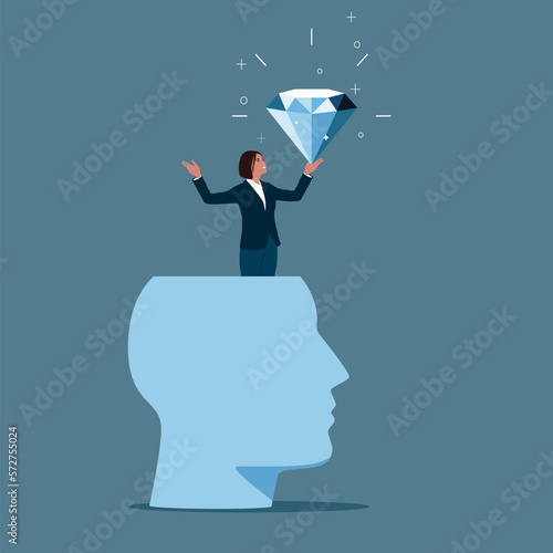 Happy woman succeed finding valuable diamond inside his head. Finding yourself searching for self value, success dream. Modern vector illustration in flat style 