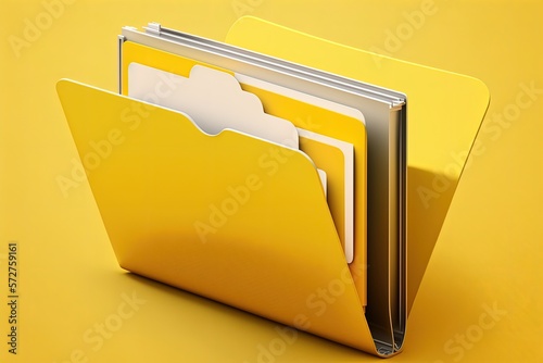 File folder on laptop screen, yellow background. Generative AI