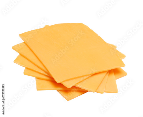 Sliced cheddar cheese isolated on transparent layered background.