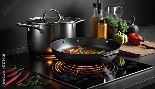 New cookware set on black induction hob in modern kitchen. Pot and frying pan in the kitchen on the hob generative ai