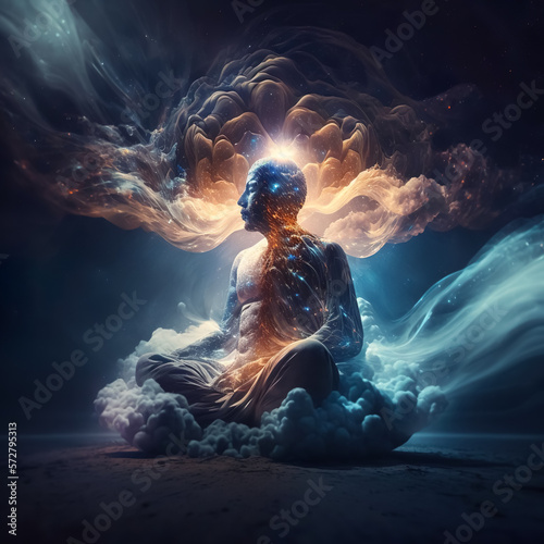 Meditating man in yoga lotus pose. Human existence concept. Surreal illustration. Generative AI.