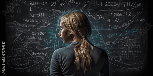 female mathematician solving complex equations on chalkboard surrounded by equations and formulas, concept of Logic, created with Generative AI technology