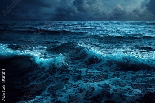 paysage de mer agitée et sombre avec vagues et écume, ciel nuageux