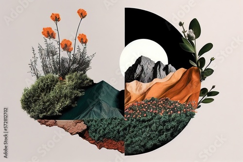 collage artistique d'images de nature avec arbres et montagne, éléments naturels, formes géométriques