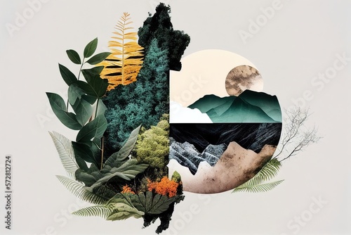 collage artistique d'images de nature avec arbres et éléments naturels, formes géométriques