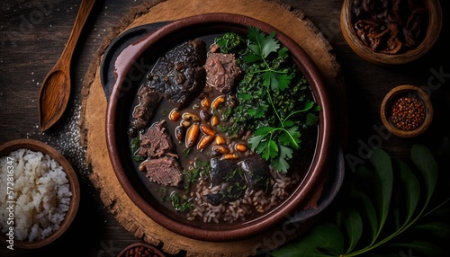 Brazilian traditional feijoada. traditional brazilian dish made with beans, meat and usually accompanied by rice, oranges and kale. ai generative