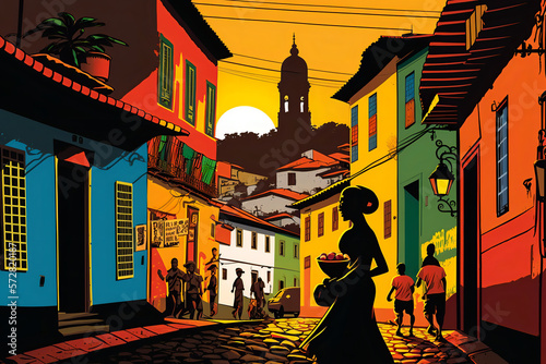  A vibrant digital illustration of Salvador, Bahia, featuring colorful colonial architecture, Afro-Brazilian heritage, and scenic beauty. Generative AI