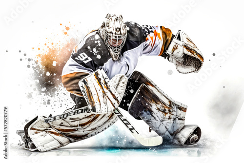 Illustration of a professional ice hockey player goalkeeper in action on white background, Generative AI