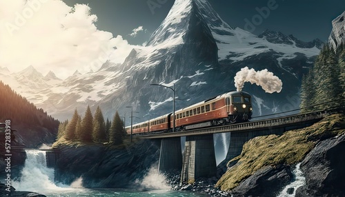 Train against Matterhorn backdrop view. Photo generative AI