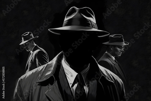 Old fashioned detective or mafia in hat on dark background, black and white color. Generation AI