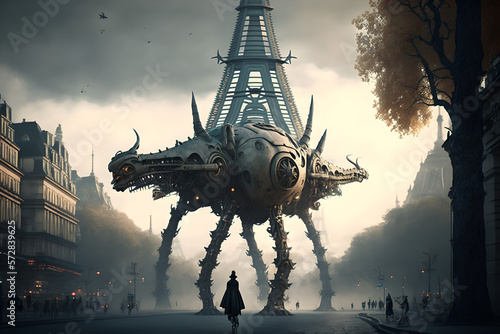 Huge Biomechanical evil monsters take over Paris, under the Eiffel tower, terrorising the city, made of metal, steel and electronics of alien nature, gloomy day for europe, world takeover