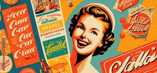 montage of vintage advertisements magazines and posters with bright and bold colors, concept of Retro Style and Nostalgic Memories, created with Generative AI technology
