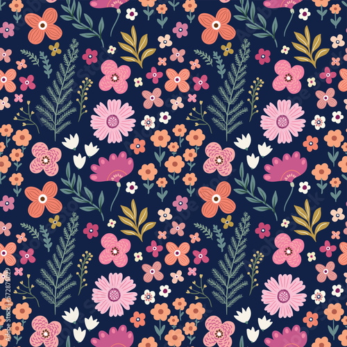 Floral seamless pattern, background, wallpaper, spring and summer design, flowers in bloom and plants