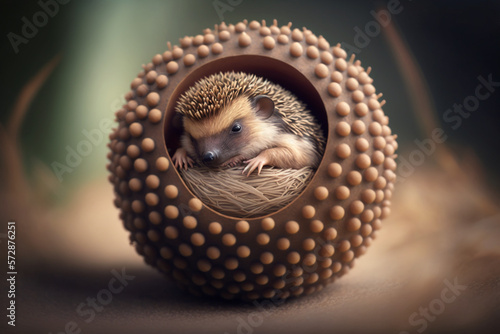 a tiny hedgehog curled up in a ball, with its spines sticking out all around Generative AI