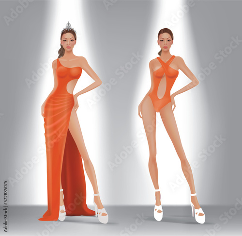 Design image of model wearing evening dress and swimwear for beauty pageant