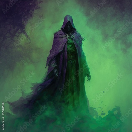 mysterious figure cloaked in a deep purple robe surrounded by an eerie green mist, fantasy art, AI generation.