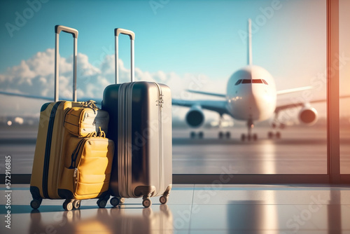 Travel departure, airport with luggage suitcases and airplane in the background, for tourism and marketing purposes