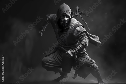Ancient traditional chinese assassin ninja in black clothes. Dark background wallpaper. Ai generated.