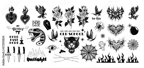 Old school tattoos, y2k, Neo tribal. Skull style butterfly, severed snake head, panther head, round web, swallows, roses, hearts, daggers, fire and more. Classic old school tattoos, Neo tribal, y2k