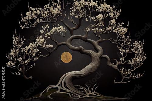Tree of Prunus spinosa, called blackthorn or sloe. Japanese umeboshi. Moon in background, bonsai tree. Japanese Culture, Taoists. Generative AI technology