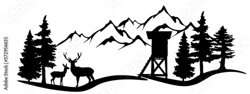 Wildlife forest landscape hunt hunting hobby background banner illustration vector for logo - Black silhouette of hunter perch stand, deer, mountains and forest trees fir, isolated on white background