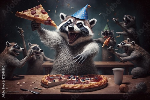 Racoon raccoon holding a slice of pizza, dancing on a table with a party group of other animals illustration generative ai