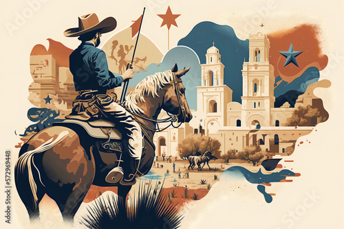 A vibrant digital illustration of Texas, featuring a cowboy on horseback in front of a large lone star, with iconic Texan landmarks and symbols scattered throughout the image. Generative AI
