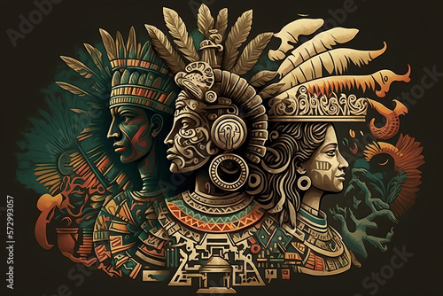 ancient Azteca civilization with iconic symbols such as the Aztec calendar and the feathered serpent god, Quetzalcoatl, alongside Aztec warriors in headdresses. generative AI